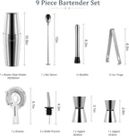 9-Piece Cocktail Shaker Set – 800ml Boston Shaker Dual Jiggers Muddler Bar Spoon Strainer Tongs & Pourers – Gift Box for Home Entertaining