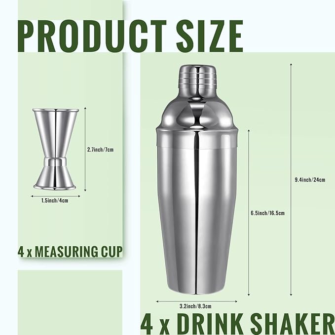 Umigy Cocktail Shaker Set Martini Shaker Bulk Stainless Steel Martini Mixer with Strainer and Double Measuring Jigger for Bar Party Home Use Wine Bar(25 Oz/ 750 ml,4 Packs)