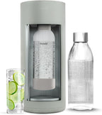 Mysoda Glassy Soda Streaming Machine + 1L Glass and 1L Plastic Bottle - Silent Carbonated Water Machine Soda Maker with Sliding Door Opening - No Cylinder Included - Pigeon