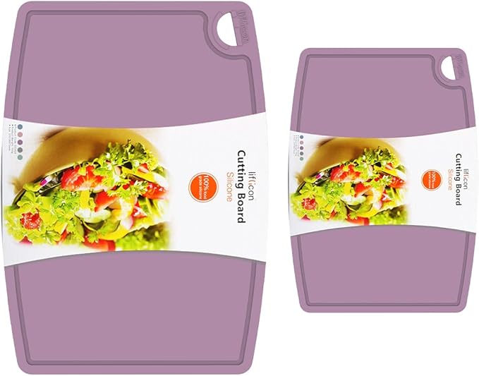 Liflicon Thick Silicone Cutting Boards for Kitchen Silicone Chopping Boards/Mats Set of 2 Extra Large14.6''x10.43'', Mini 9.1”x7.1” Non-slip Deep Drip Juice Groove, Dishwasher Safe-Plum Purple