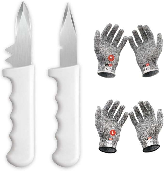 2PCS Oyster Shucking Knife + 4PCS A5 Cut-Resistant Gloves(2M+2L),8" Oyster Knife With Extended Ergonomic Handle,Stainless Steel Oyster Shucker Tool Oyster Opener Tool Oyster Shucking Kit