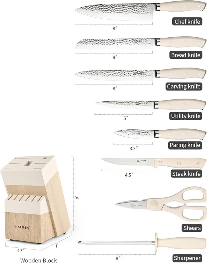 Kitchen Knife Set,14-Piece Knife Set With Block Wooden, Self Sharpening For Chef Knife Set, High Carbon German Stainless Steel Hammered Collection Knife Block Set, Dishwasher Safe Cutlery, Cream