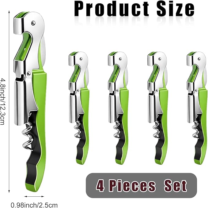 4 Pieces Professional Waiter Corkscrew Wine Openers,Green Wine Keys Opener Stainless Steel Hinges Serrated Foil Cutter for Restaurant Waiters, Sommelier, Bartenders (Green)
