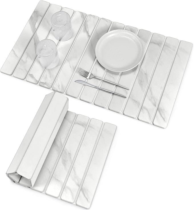 Large Stone Dish Drying Mats for Kitchen Counter, 28"(L)×16"(W) Marble-Pattern, Collapsible Quick Drying Dish Mats, Ultra Absorbent Diatomaceous Earth Mats for Dishes , Match Any Countertop