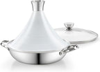 DM Tagine Pot, 11 Inch 3.6 Quart Moroccan Clay Tagine Pot Alternative, Multi-Ply Clad Stainless Steel, Traditional Cooking Pot with Die-Cast Aluminum White Conical Lid and Stainless Steel Knob