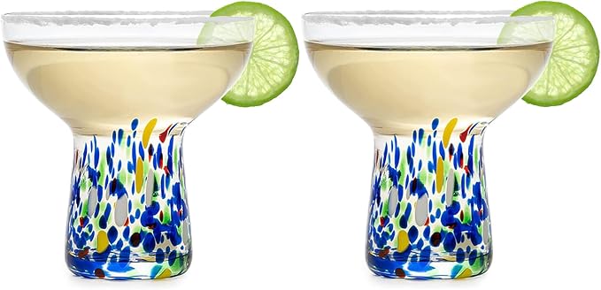 Large Stemless Margarita Glasses – Set of 2-14oz Luxury Hand Blown Confetti Margaritas, Martini, Cocktails, Water, Wine, Dessert & Champagne Glasses Cinco de Mayo, Hand Blown - Mexican Confetti Glass
