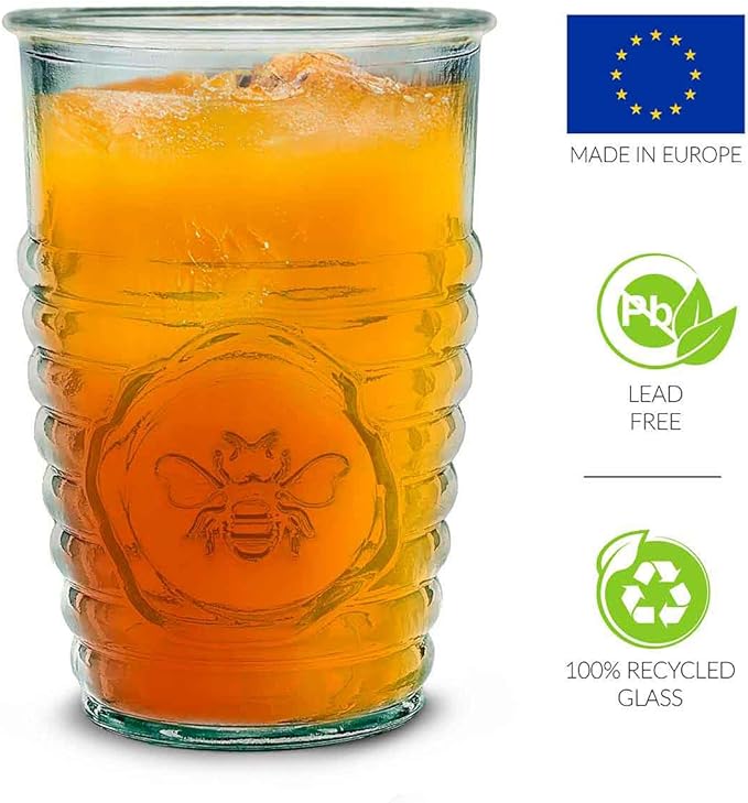 COURONNE CO. Clear Recycled Drinking Glass Tumbler, Perfect for Cocktails, Refreshments & Everyday Use, Restaurant Grade, Crafted without lead-based materials (11.2 Oz, Bee), Pack of 6