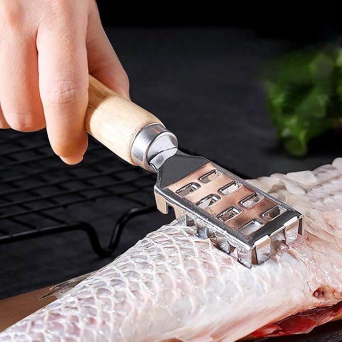 Abaodam 2pcs Fish Scale Scraper Wooden Handle Fish Cleaning Tool Seafood Scale Remover Kitchen Specialty Gadget