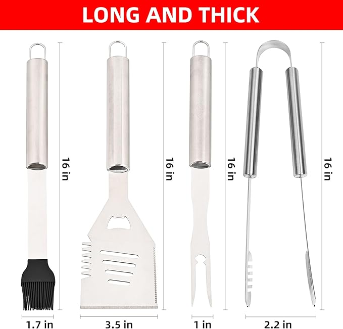 Grilling Accessories - BBQ Accessories 4pc Heavy Duty Grill Accessories Barbecue Grilling Tools Utensils Set with Spatula, Fork, Brush, Tongs Kit Ideal Gift for Father Men Husband Birthday