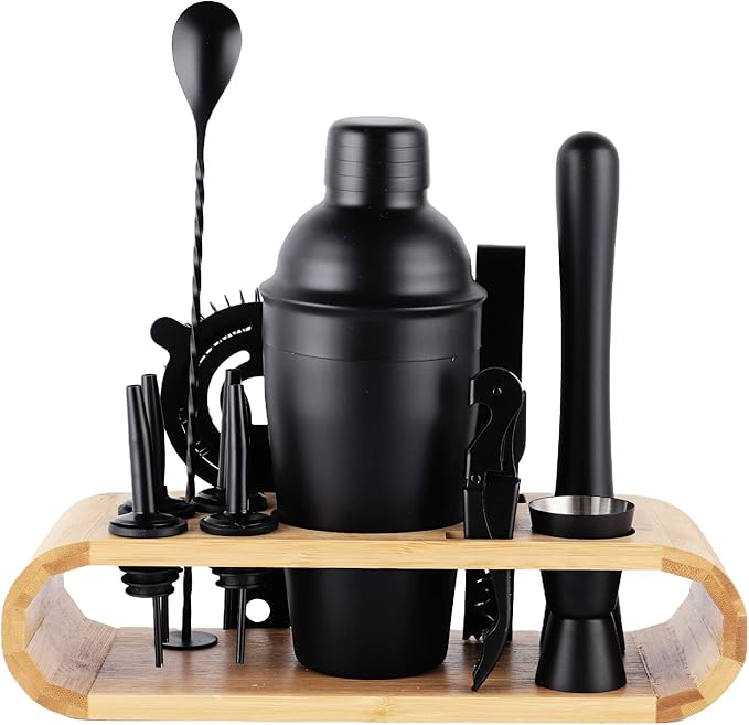 JNWINOG 12Pcs-Cocktail Shaker Set Stainless Steel Bartending Kit 18.6oz Cocktail Bar Set Cocktail Mix Drink Making Kit Professional Bar and Home Drink Bar Tools for Bartender (Matte Black, 12Pcs)