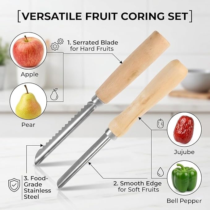 Cabilock 2-Piece Stainless Steel Fruit Corer Tool Set - Heavy Duty Kitchen Core Remover with Serrated & Smooth Blades - Multi-Use Pitter for Bell Pepper, Pear, Cherry, Jujube & Red Dates