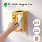 Bamboo Garbage Bag Dispenser Roll Holder - Wall Mount Trash Bag Organizer for 13-33 Gallons, Under Sink Kitchen Grocery Bag Storage Container, Not Suitable for Large Roll