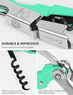CORKAS Wine Key - Professional Handcrafted Heavy Duty Waiter Corkscrew, Compact Wine Opener with Double Hinged, Foil Cutter and Bottle Opener, Gifts for Servers, Sommelier, Bartenders - Light Green