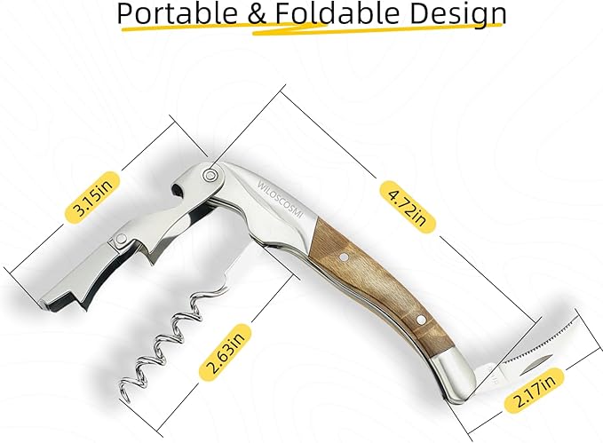 Wine Key & Corkscrew Wine Opener–3-in-1 with Foil Cutter and Bottle Opener, Professional Double Hinged Waiter's Corkscrew for Servers and Bartenders