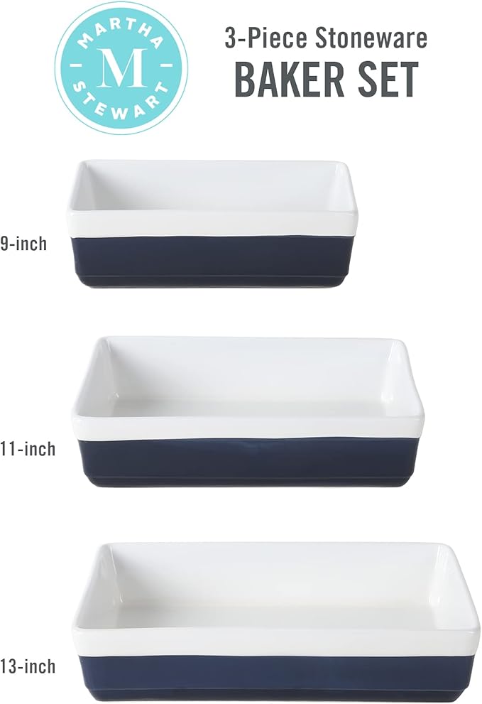 MARTHA STEWART 3-Piece Oven to Table Stoneware Bakeware Set – Baking Dish & Casserole Set – Cobalt Blue – Durable Oven-Safe Bakeware for Baking and Serving