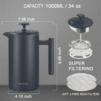 Secura French Press Coffee Maker, 304 Grade Stainless Steel Insulated Coffee Press with 2 Extra Screens, 34oz (1 Litre), Grey