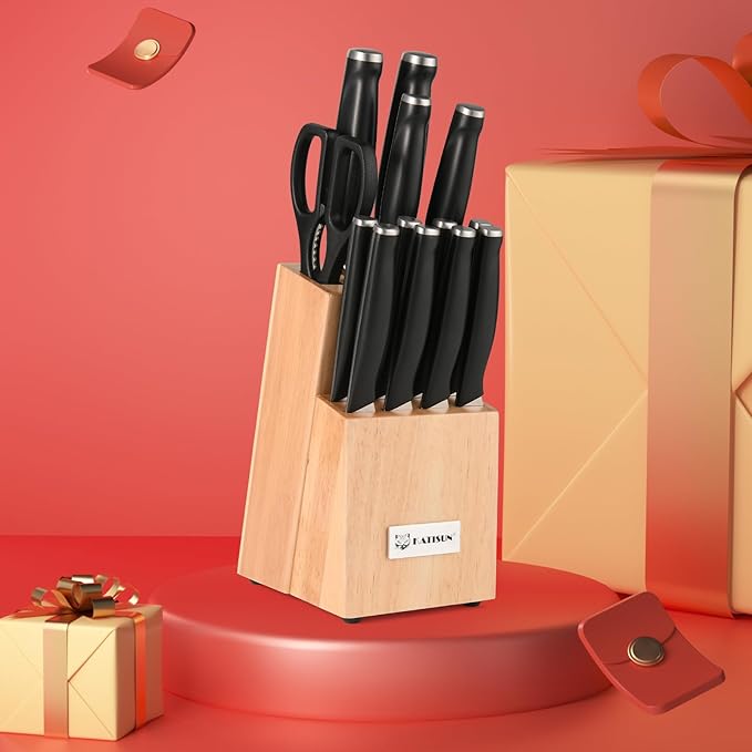 15-Piece Kitchen Knife Set with Block, ABS Ergonomic Handle for Chef Knife Set and Serrated Steak Knives Knife Sharpener and Kitchen Shears, Dishwasher Safe, Natural Block