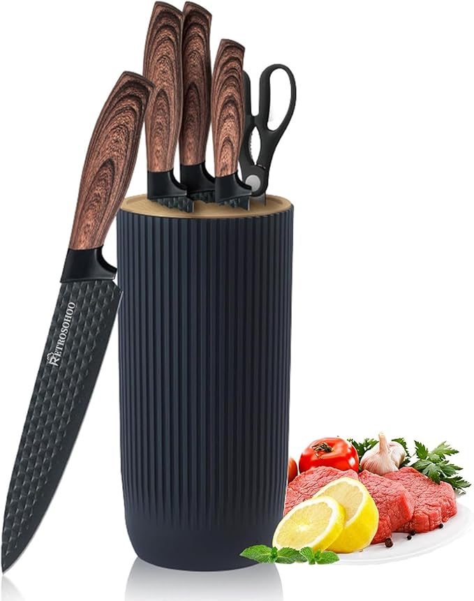Kitchen Knife Set, Retrosohoo 6-Pieces Khaki Sharp Knife Block Set for Kitchen, Non-stick Non-slip Stainless Steel Chef Knife Set with Universal Knife Block Suitable for Home Restaurant (Black)