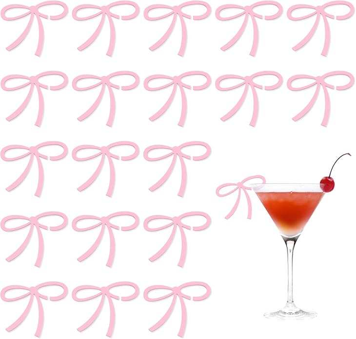 24 Pcs Pink Bow Drink Markers,Christmas Party Pink Bows Charms,Wine Coquette Wine Glass Tags,Drink Glasses Markers,Bar Tools Bow Acrylic Bowknot for Wedding Engagement Bachelorette Birthday