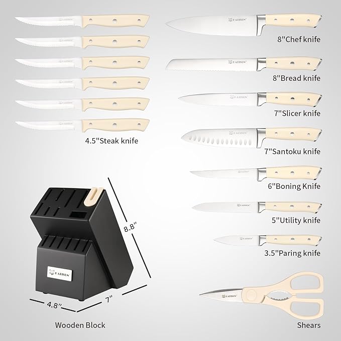 16 Pieces German Steel Knife Block Set, Extra-Long Creamy White Handles for Large Hands & Better Leverage, Professional Kitchen Knife Set with Sharpener & Shears, Modern Black Block