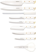 FARBERWARE 15-Piece Knife Block Set, Triple-Riveted High-Carbon Stainless Steel Kitchen Knives, Razor Sharp Blades, Wood Storage Block, White/gold