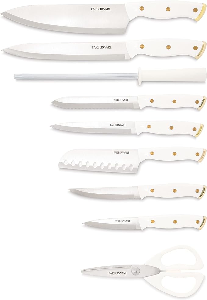 FARBERWARE 15-Piece Knife Block Set, Triple-Riveted High-Carbon Stainless Steel Kitchen Knives, Razor Sharp Blades, Wood Storage Block, White/gold