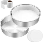 E-far 9½ Inch Cake Pan Set of 2, Stainless Steel Round Layer Cake Baking Pans with Parchment Rounds & Side Liner Roll, Non-Toxic & Healthy Metal Cakes Tin, Straight Side & Dishwasher Safe