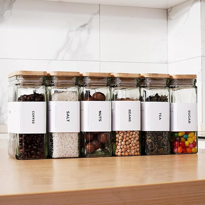 APT 1101 26 oz Glass Storage Jars with Bamboo Lid, set of 6, glass canisters with airtight lids, Clear jars with lids for Cookie, Candy, Tea, Coffee Bean and Rice (White)