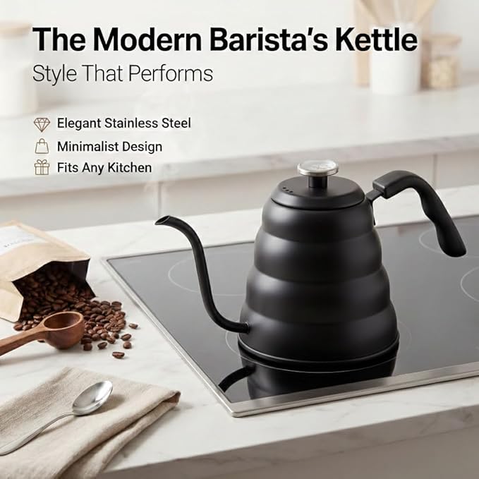 Barista Warrior Gooseneck Kettle with Thermometer - 1.2L Pour Over Coffee & Tea Kettle, 18/8 Matte Black Gooseneck Kettle Pot, Precision Pour Drip Spout, Suitable for All-Stoves (40 fl oz)