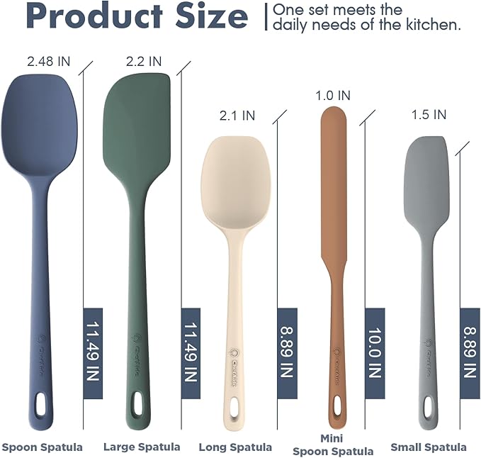 ChefAide 5 Pieces Silicone Spatula Set, Food Grade Rubber Spatula, Upgrade Strong Handle with Ergonomic Grip, Heat Resistant Up to 600°F for Nonstick Cookware, Cooking