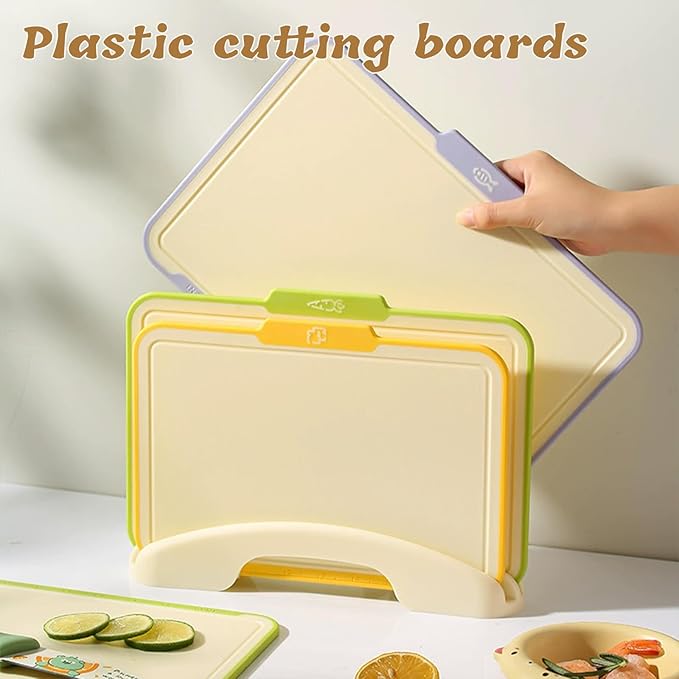 Cutting Boards for Kitchen, Plastic Cutting Board Set of 3,Colorful Chopping Boards With Storage Stand,Food Icon,Non-Slip, Meat Cutting Board For Kitchen,Dishwasher Safe （13.3"X 9.8" X 2.3" ）