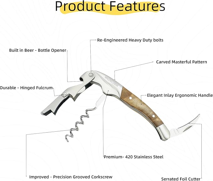 Wine Key & Corkscrew Wine Opener–3-in-1 with Foil Cutter and Bottle Opener, Professional Double Hinged Waiter's Corkscrew for Servers and Bartenders