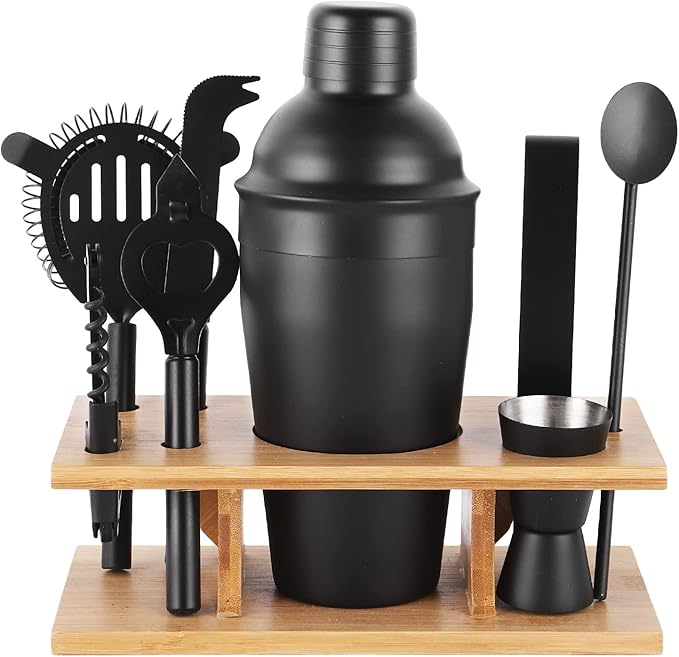 JNWINOG Cocktail Shaker Set Stainless Steel Bartending Kit 18.6oz Cocktail Bar Set Cocktail Mix Drink Making Kit Professional Bar and Home Drink Bar Tools for Bartender (Matte Black, 9Pcs)