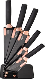 elabo 6 Piece Kitchen Knife Set – Premium Stainless Steel Knife Set with Block, Knives Set for Kitchen, Sharp Knife Block Set with Non-Stick Coating, Dishwasher Safe, Space-saving, Rose Gold