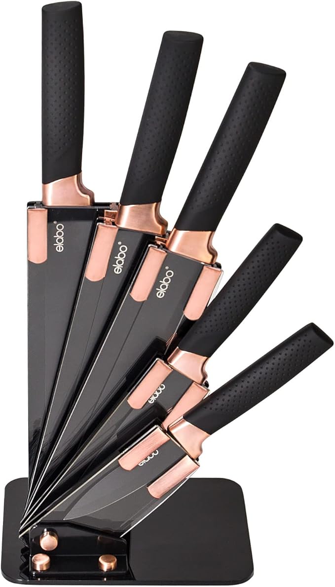 elabo 6 Piece Kitchen Knife Set – Premium Stainless Steel Knife Set with Block, Knives Set for Kitchen, Sharp Knife Block Set with Non-Stick Coating, Dishwasher Safe, Space-saving, Rose Gold