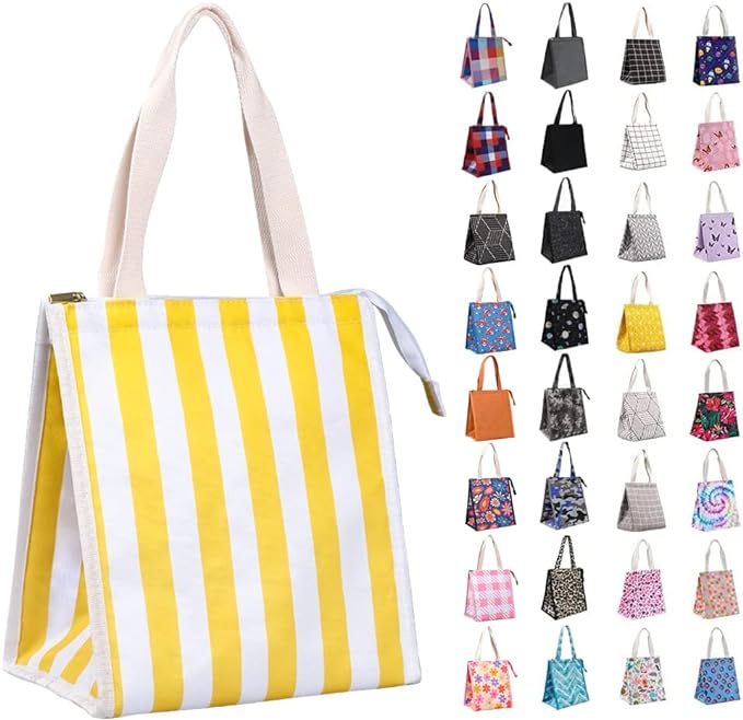 iknoe Insulated Lunch Bag for Women & Adults, 9L Foldable Wide-Open Cooler Bag with Pockets, Leakproof & Portable, for Picnic, Office, Beach(Yellow stripe)