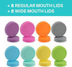 AOZITA [16 Pack] Colored Plastic Mason Jar Lids Fits Ball, Kerr & More - 8 Wide Mouth & 8 Regular Mouth - Storage Caps for Canning Jars, Dishwasher Safe & Food Grade & Leakproof