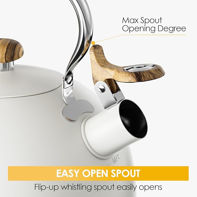 2.6 Quart Tea Kettle Stovetop Whistling for Stove Top, Food Grade Stainless Steel Tea Kettles with Cool Wood Pattern Handle, Cream