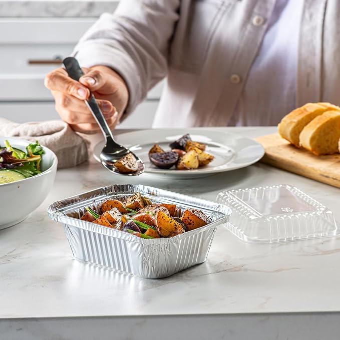 GUSTO [1 lb - 100 Count Disposable Aluminum Foil Pans with Clear Dome Lids, 5x4 Takeout Pans – Great for Baking, Cooking, Storage, and Freezing (Formerly Comfy Package)