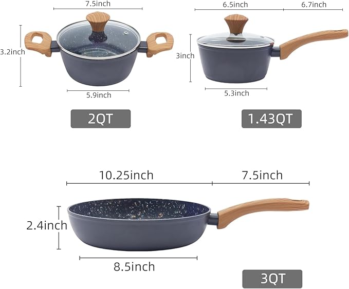3-Piece Nonstick Cookware Set, 10.25 Inch Frying Pan & 2 Pots with Lids | PFAS & PFOA Free Non-Toxic Coating | Induction Compatible, Dishwasher Safe | Pots and Pans Set for Beginner Kitchen