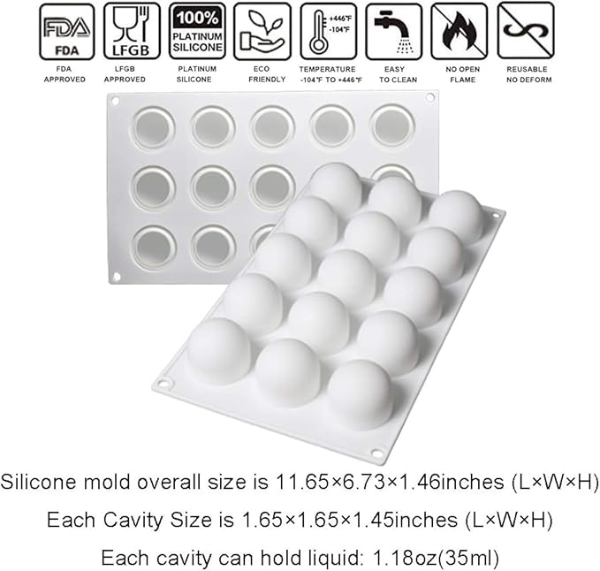 OCPO Kitchen Truffle Silicone Mold for Baking Mousse Cake French Dessert Pastry Chocolate Pudding Cupcake, Non-Stick & Easy Release, Truffle Ball Shape (15-Cavity)