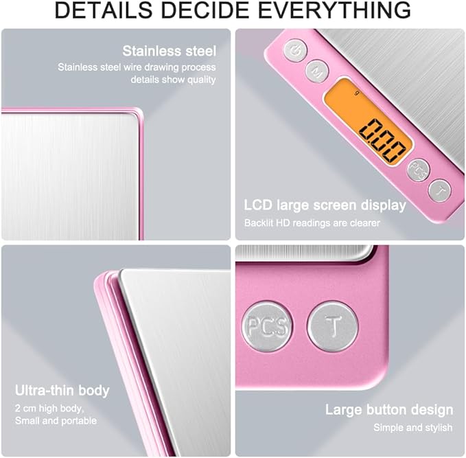 0.01g High Precision Kitchen Food Scale, Diyife 500g Portable Digital Scale with LCD Display, Tare, Multifunctional Gram Scale Weight for Cooking, Baking, Jewelry, 2 Tray, Batteries Included, Pink