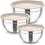 TeamFar Mixing Bowls, Stainless Steel Nesting Salad Bowls with Airtight Lids Set, For Serving/Mixing/Storing, Rust-proof & Heavy Duty, Dishwasher Safe, Set of 3-4.6/3 / 1.5 QT, Khaki