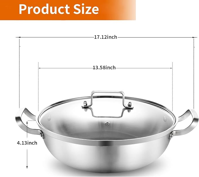 Delarlo Tri-Ply Stainless Steel Hot Pot 14 inch Everyday pan With lid, Everything Pan, Durable Deep Saute Pan, 7QT Induction Cooking Pot,Woks & Stir-Fry Pans Oven Safe Stock Pot