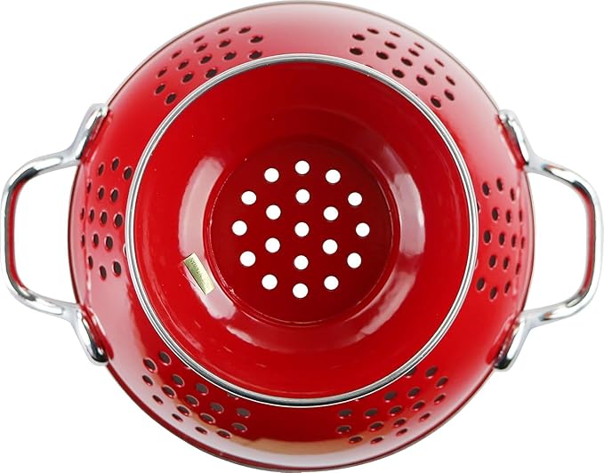 Reston Lloyd Calypso Basics Extra Large Enameled Colander with Solid Base, Strainer Basket with Handles, for Pasta, Berries, Vegetables, Fruit, Red, 7 Quart (224oz/ 6.6 L)