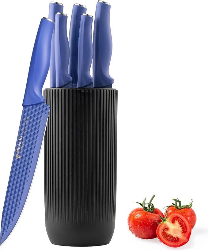 Kitchen Knife Set with Block, 6-Piece Non-stick Stainless Steel Sharp Knives Set for Precision Cutting with Universal Knife Block for Kitchen, Ergonomic Design & Dishwasher Safe, Purple