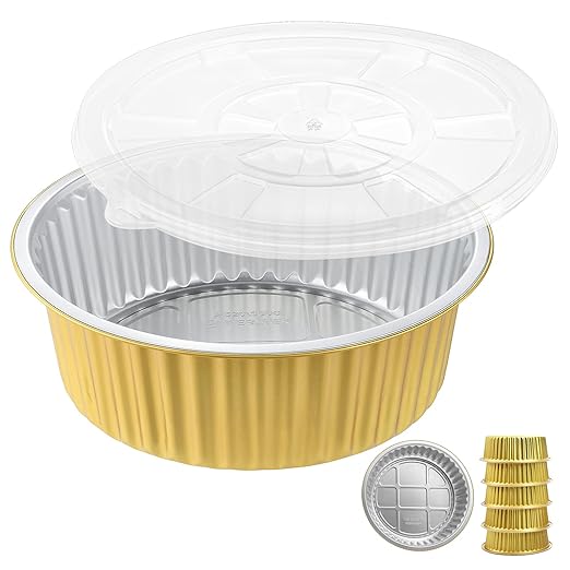 10" Deep Round Aluminum Foil Pans with Lids (5 Pack), Heavy Duty Grease-Resistant Foil Containers for Baking, Heating, Meal Prep & Food Storage, 3" Depth, 101oz