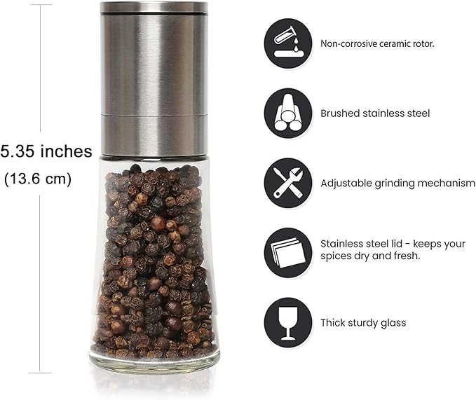 Salt and Pepper Grinder Set of 2 - Adjustable Sea Salt Grinder, Pepper Mill Grinder, Salt and Pepper Shakers - Small Salt and Pepper Grinder Set with Stainless Steel Cap and Glass Container