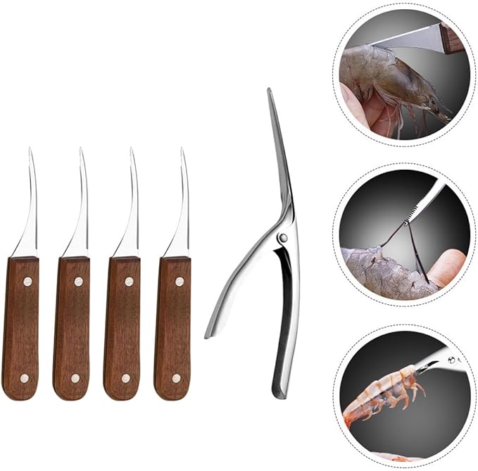 BESPORTBLE Stainless Steel Shrimp Peeler and Deveiner Set with Wood Handles 4 Shrimp Knives and 1 Shell Clipper Seafood Tool and Deveining Kitchen Specialty Gadgets 5pcs