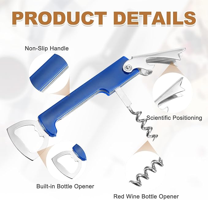 uxcell 2 Pcs Wine Opener, Bottle Opener, Durable Stainless Steel Waiter's Corkscrew, Compact All-In-One Home Bar Tool for Bar, Party, Wedding, Home, Travel, Blue